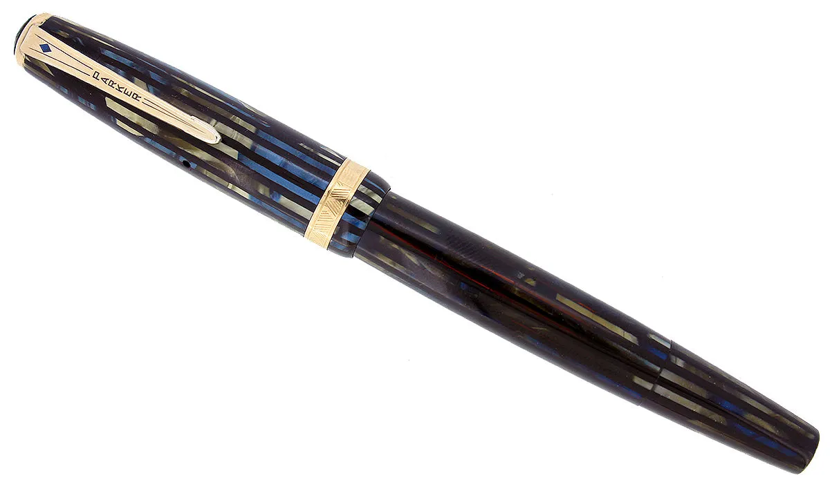 1943 PARKER SENIOR DUOFOLD STRIPED BLUE GRAY CELLULOID FOUNTAIN PEN RESTORED