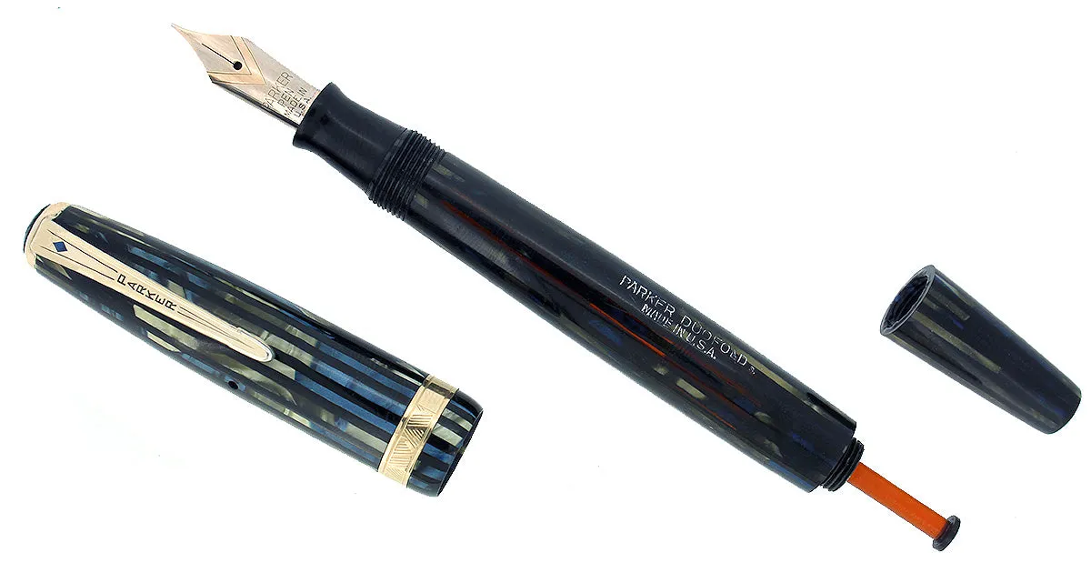 1943 PARKER SENIOR DUOFOLD STRIPED BLUE GRAY CELLULOID FOUNTAIN PEN RESTORED