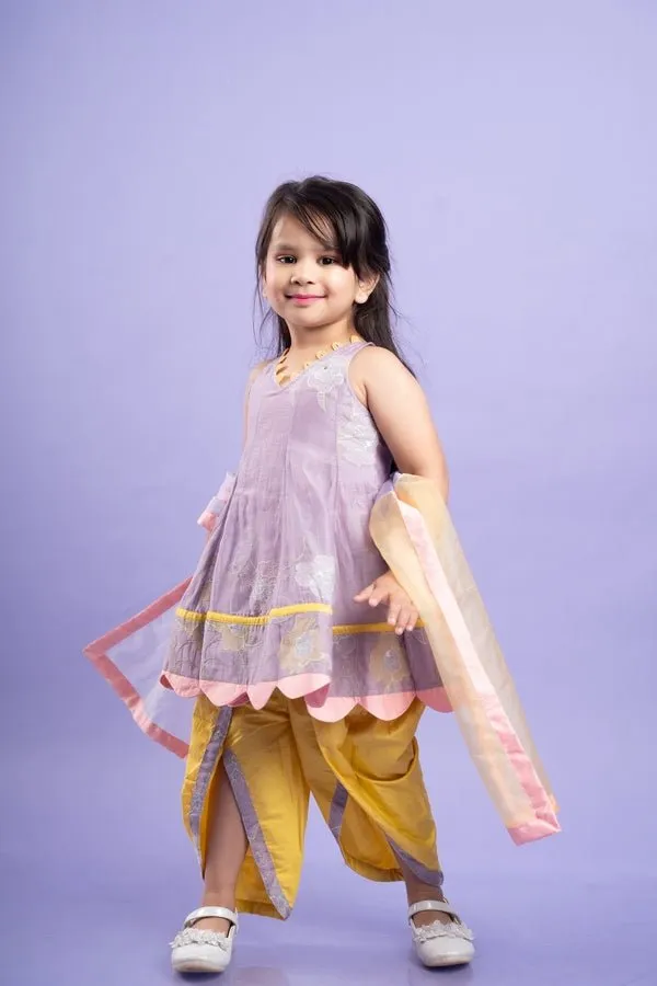 Adorable Lavender top with golden yellow dhoti pants and matching dupatta, perfect for festive celebrations