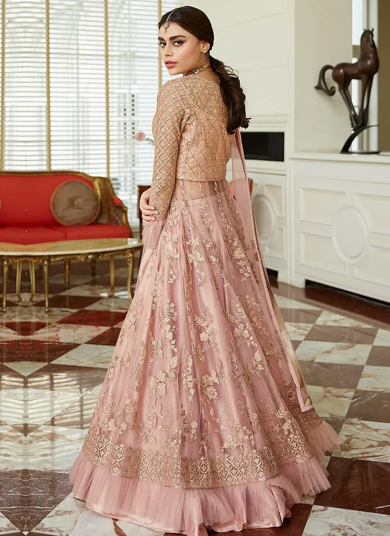 Barbie Pink Frilled Cuffs Net Lehenga Style Anarkali Suit