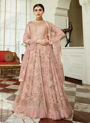 Barbie Pink Frilled Cuffs Net Lehenga Style Anarkali Suit