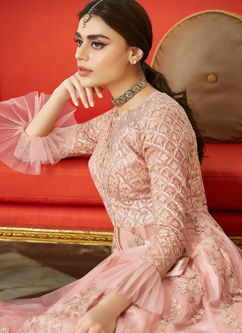 Barbie Pink Frilled Cuffs Net Lehenga Style Anarkali Suit