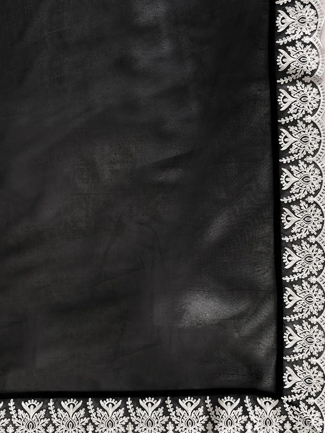 Black And White Embroidered Organza Saree