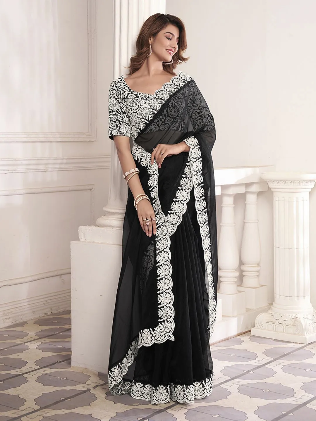 Black And White Embroidered Organza Saree