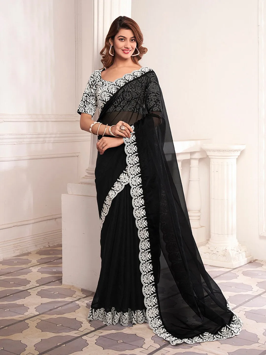 Black And White Embroidered Organza Saree