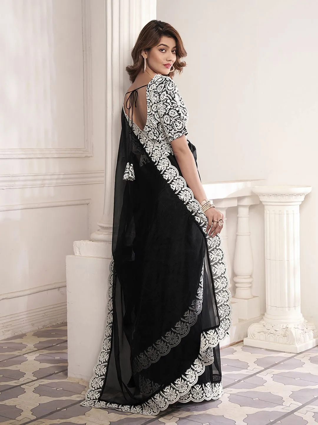 Black And White Embroidered Organza Saree