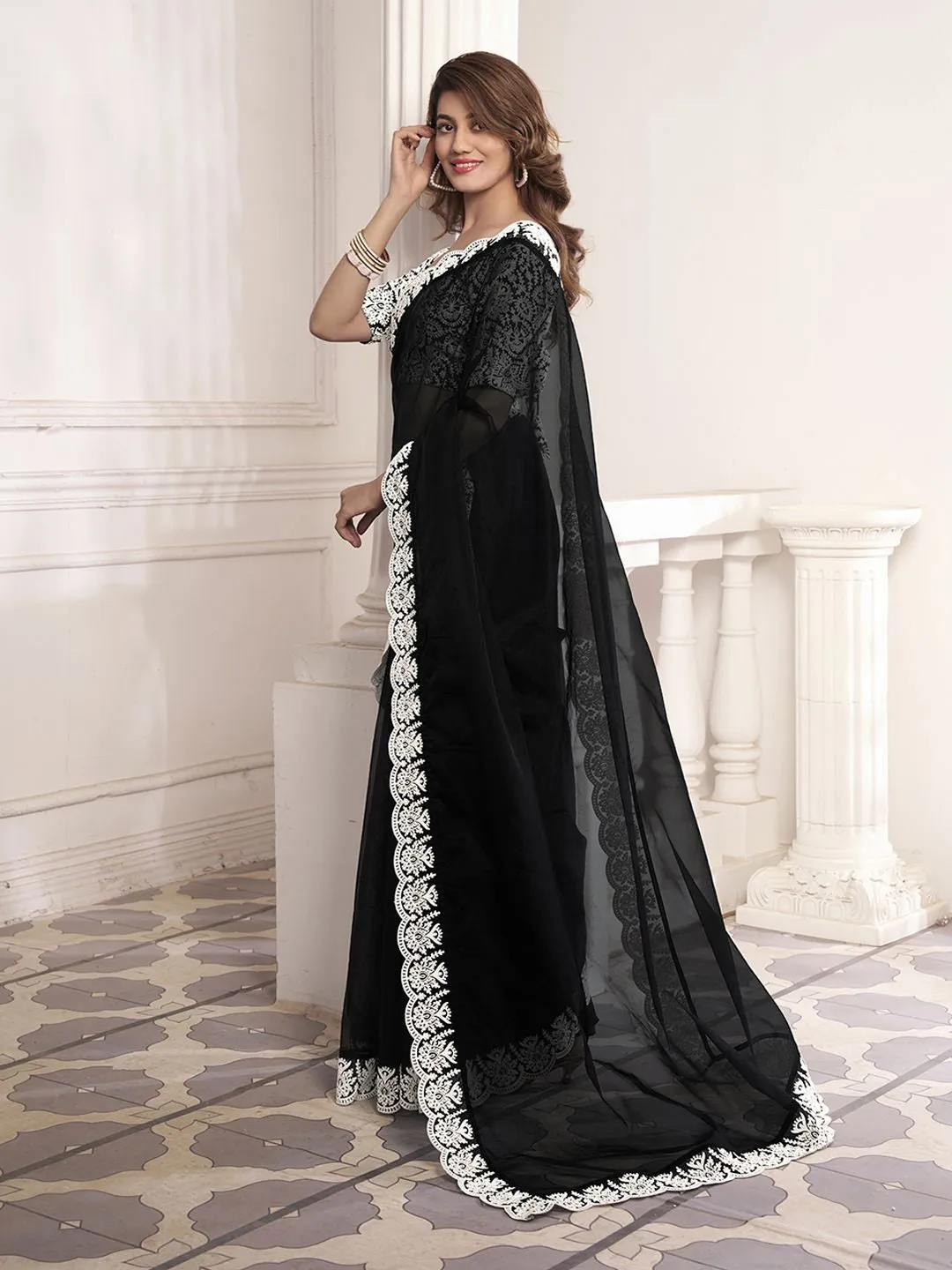 Black And White Embroidered Organza Saree