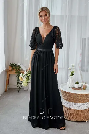 Black Flutter Sleeves Lace Chiffon Bridesmaid Gown