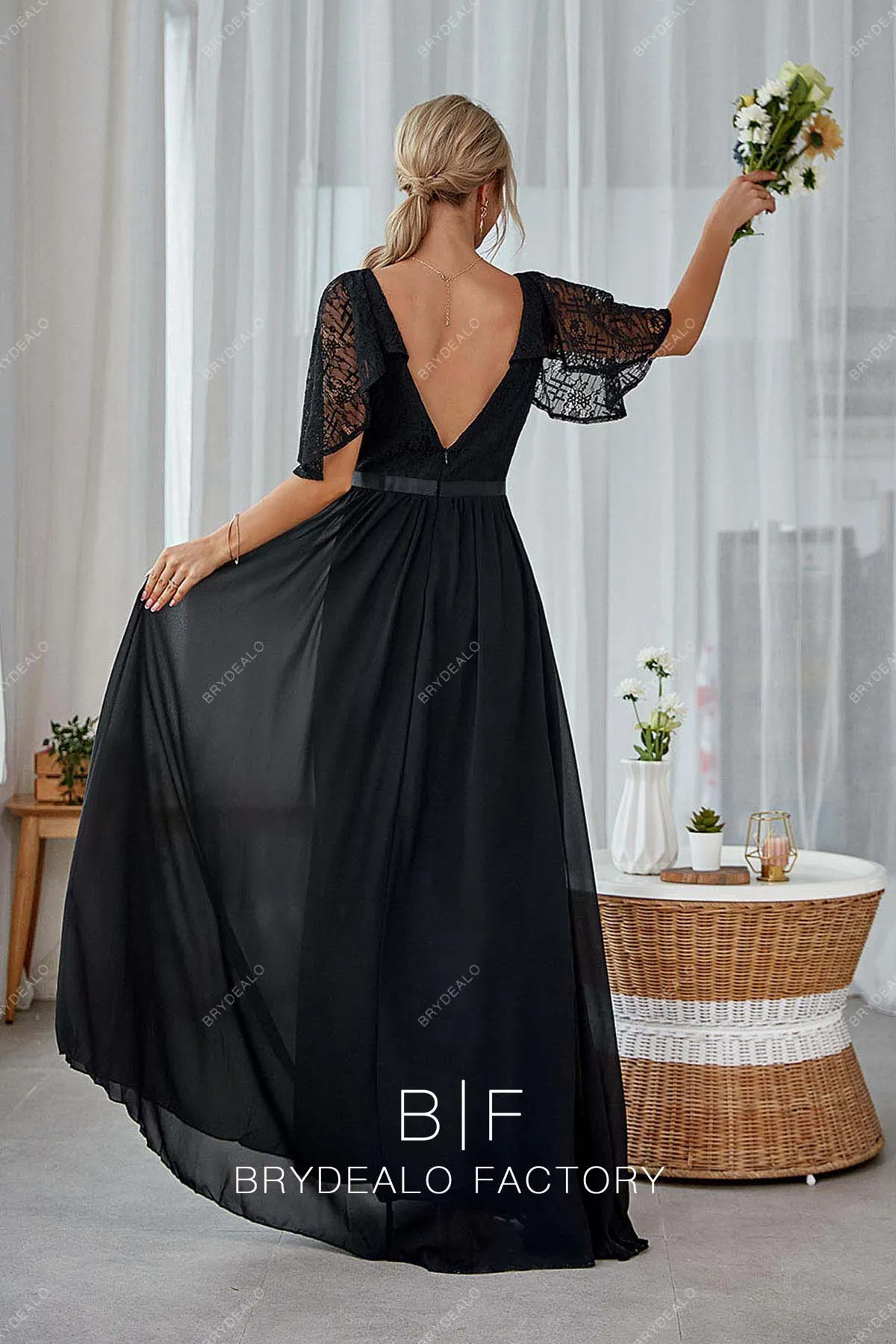 Black Flutter Sleeves Lace Chiffon Bridesmaid Gown