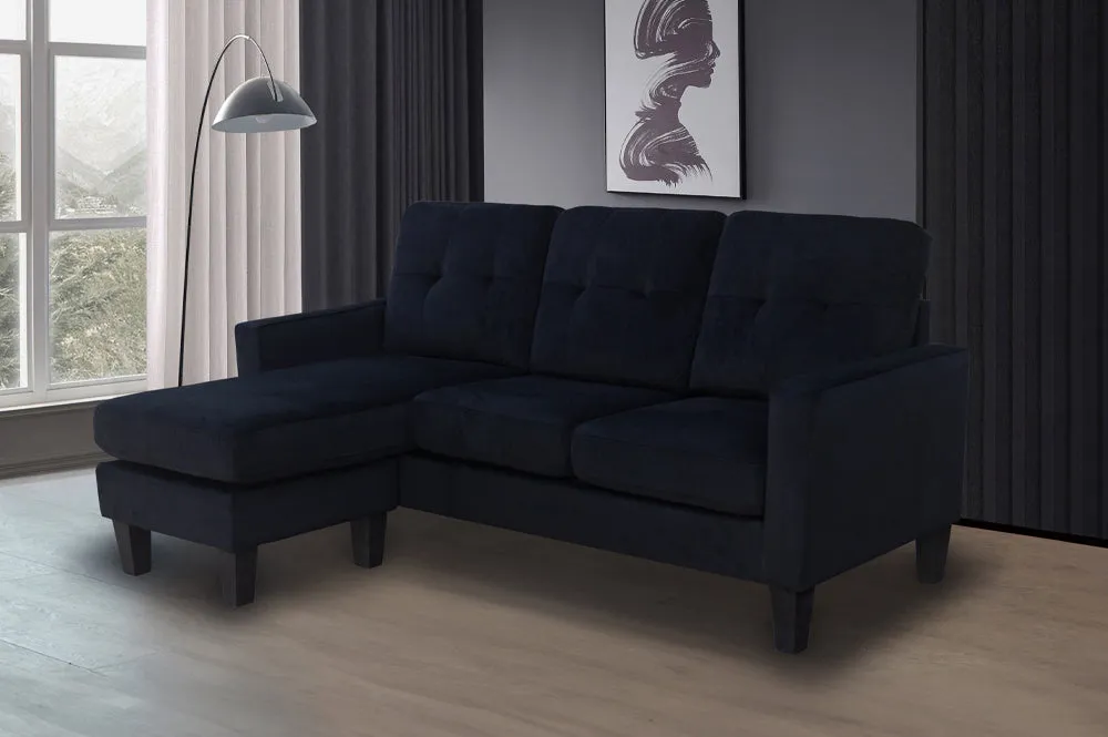 Black Velvet Condo-Friendly Reversible Sectional w/ 2 pillows