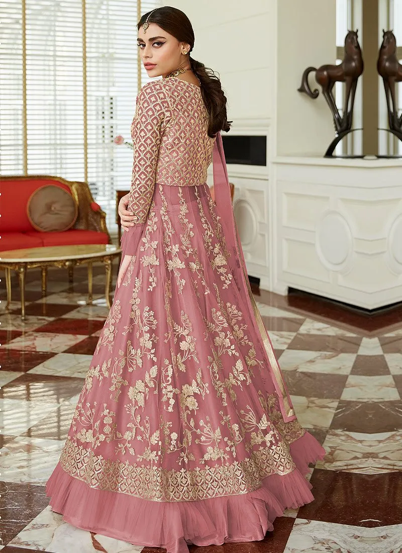 Blush Pink Frilled Cuffs Net Lehenga Style Anarkali Suit