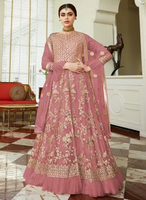 Blush Pink Frilled Cuffs Net Lehenga Style Anarkali Suit