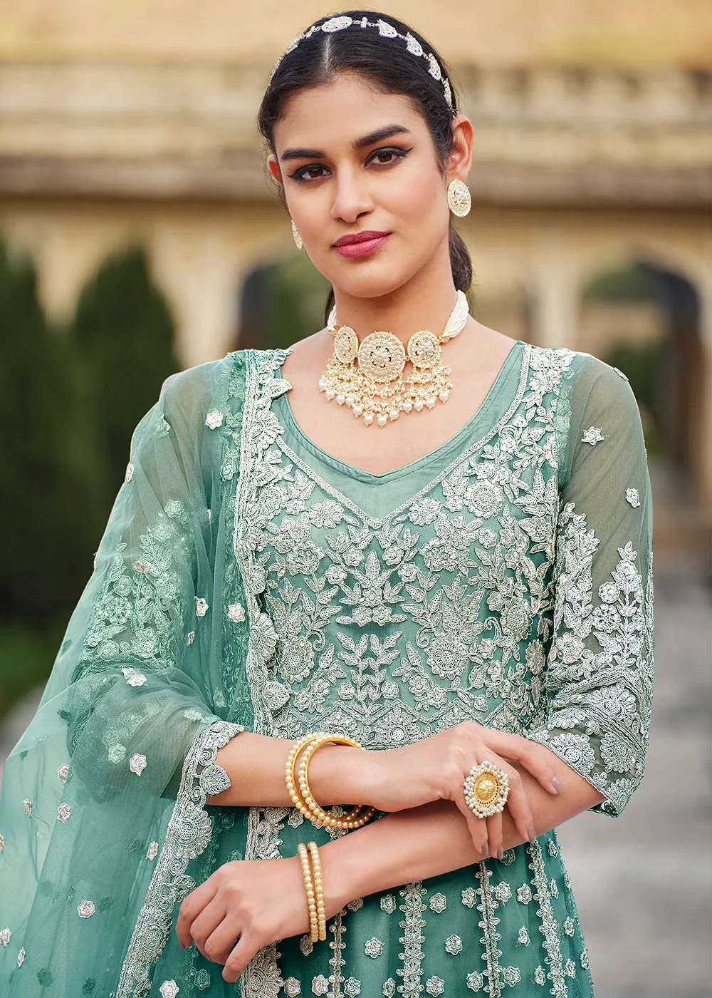 Butterfly Net Green Embroidered Wedding Bridesmaid Anarkali Suit