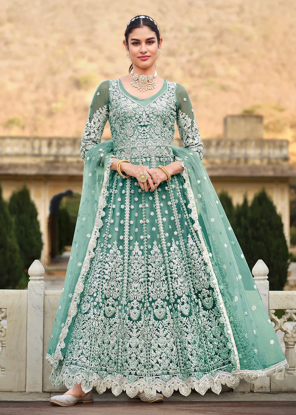 Butterfly Net Green Embroidered Wedding Bridesmaid Anarkali Suit