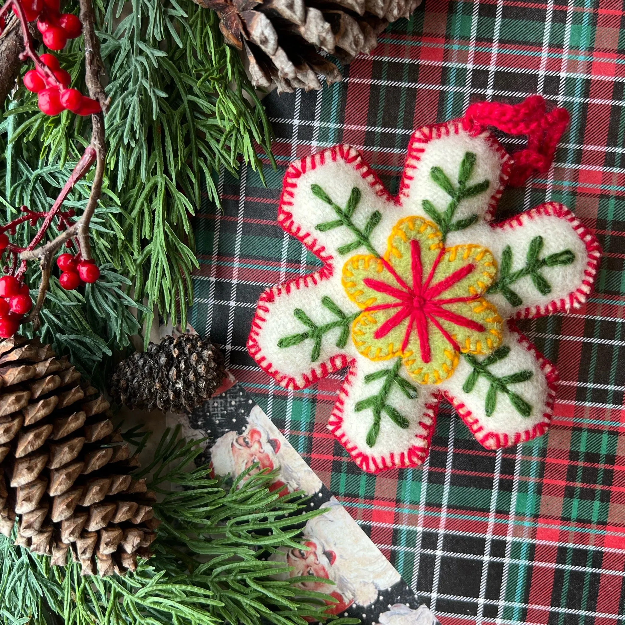 Classic Snowflake Ornament, Embroidered Wool