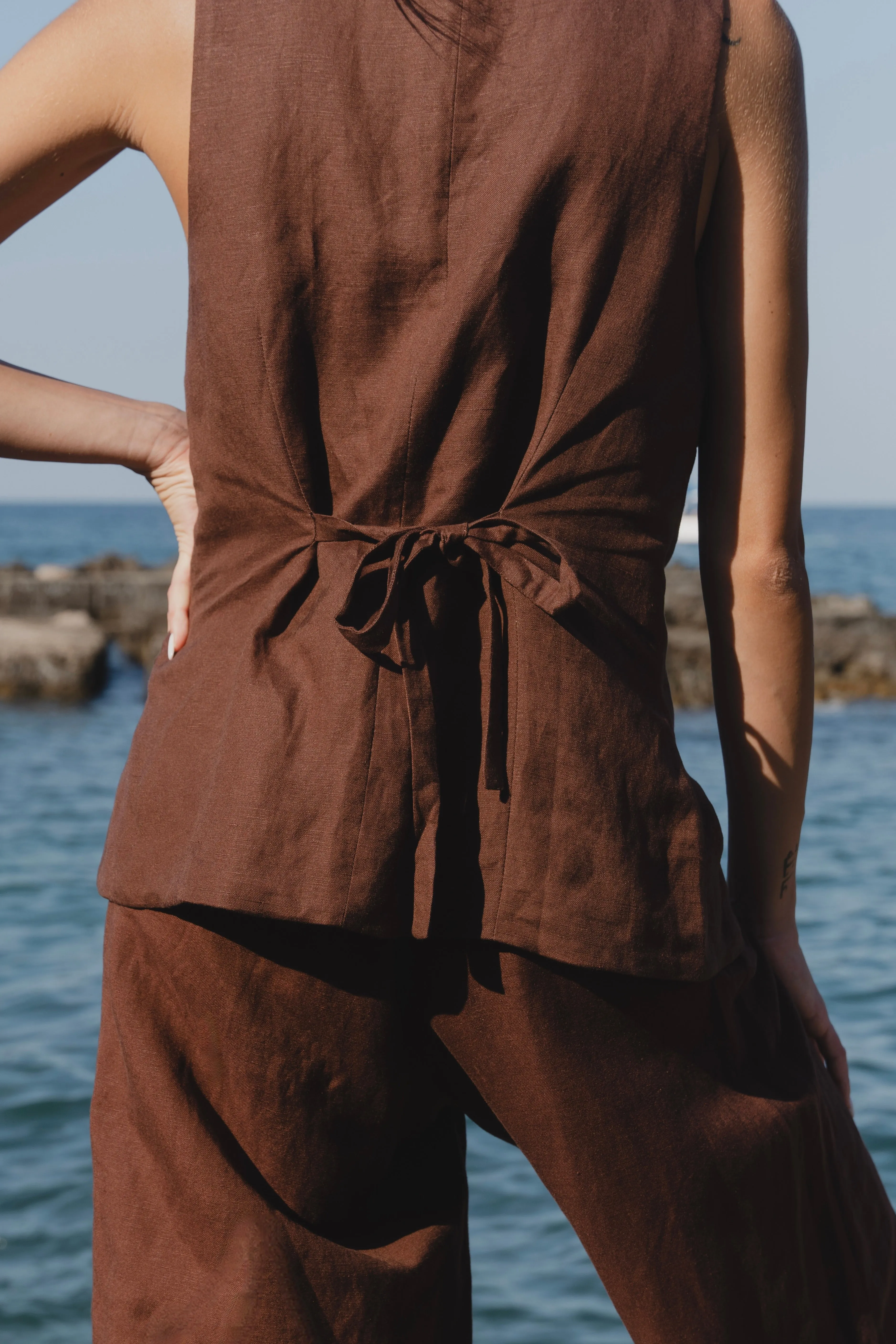 Coastal Chocolate Linen Longline Crew Vest