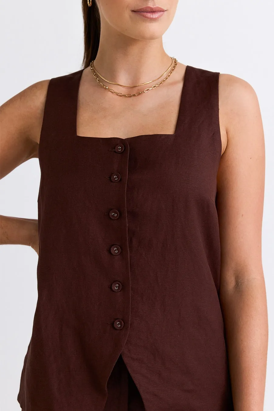 Coastal Chocolate Linen Longline Crew Vest