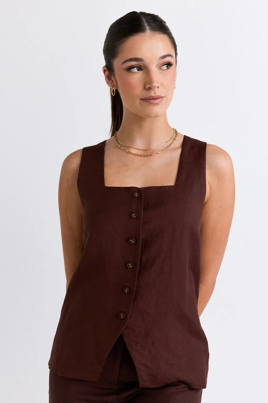 Coastal Chocolate Linen Longline Crew Vest