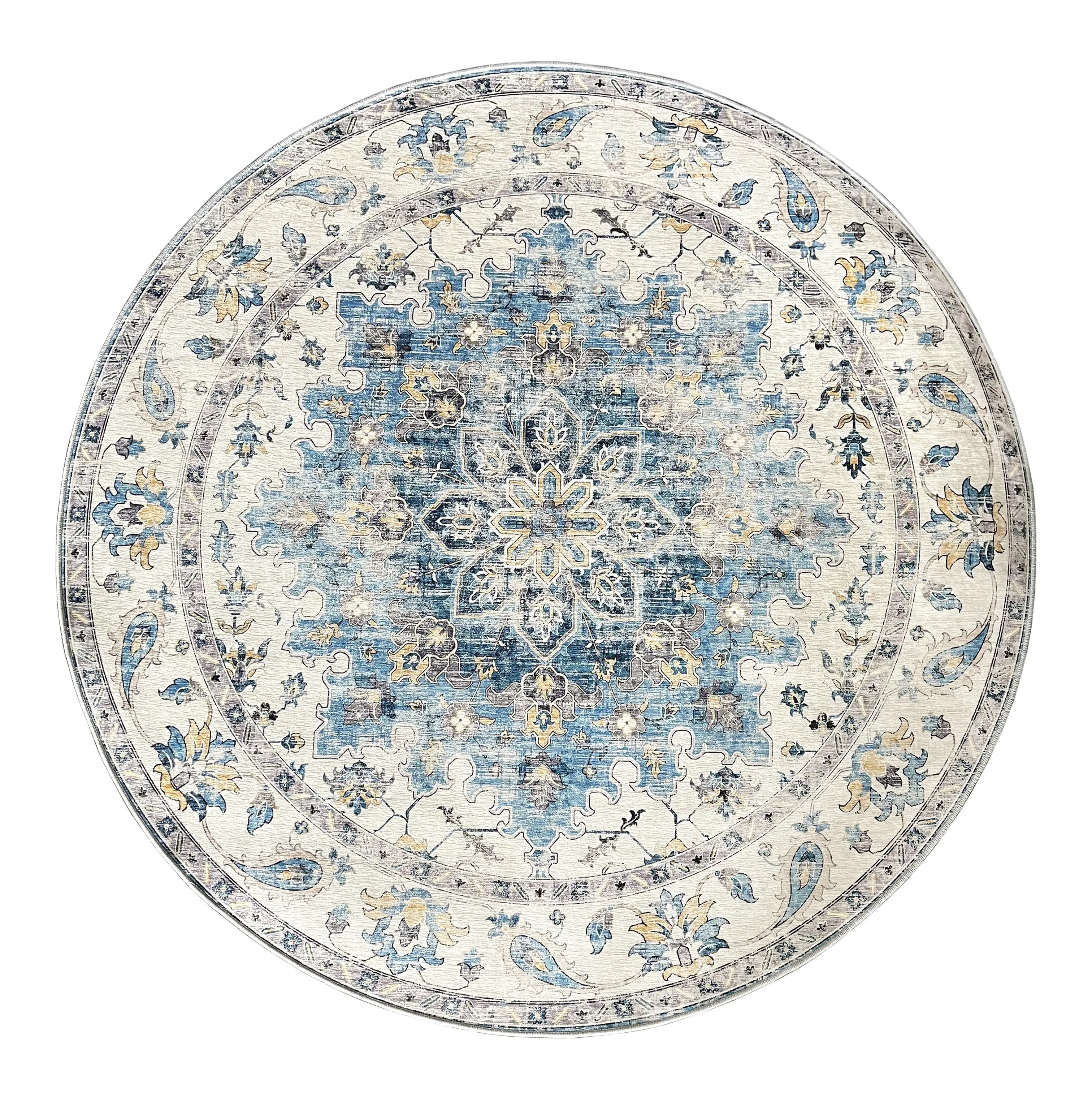 Conrad Blue Traditional Distressed Non-Slip Large Round Rug