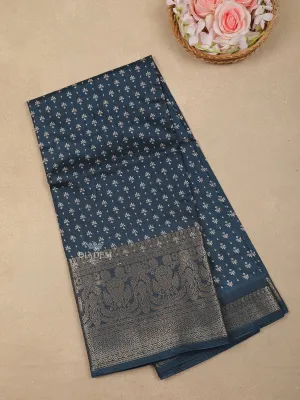 Dark Blue Floral Designed Chanderi Silk Saree