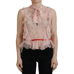 Dsquared² Pink Floral Print Silk Sleeveless Ascot Collar Top