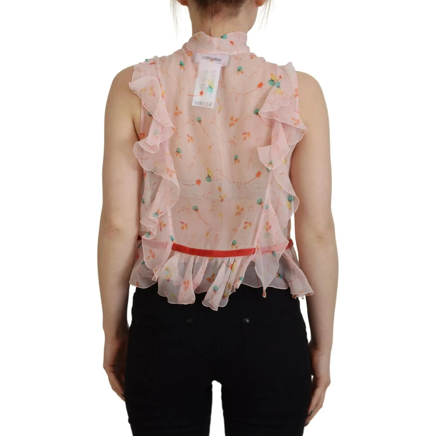 Dsquared² Pink Floral Print Silk Sleeveless Ascot Collar Top