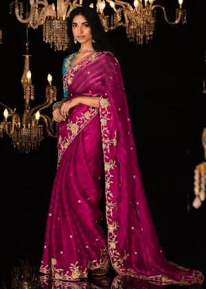 Fancy Magenta Pink Embroidered Designer Wedding Wear Saree