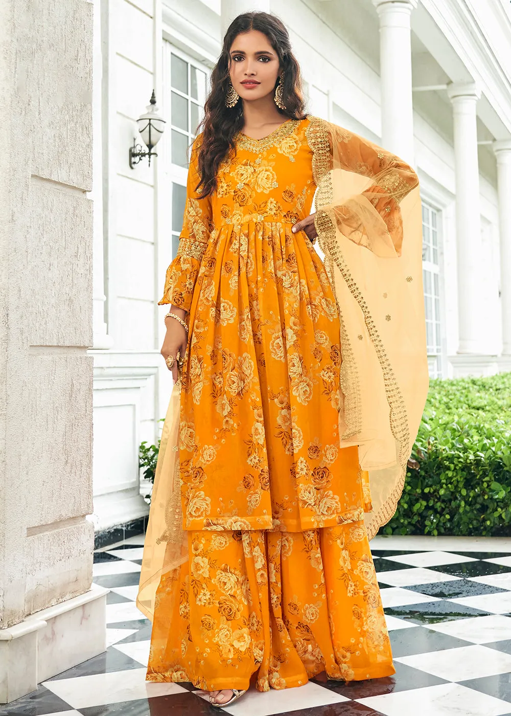 Floral Printed Haldi Yellow Trendy Sharara Style Suit