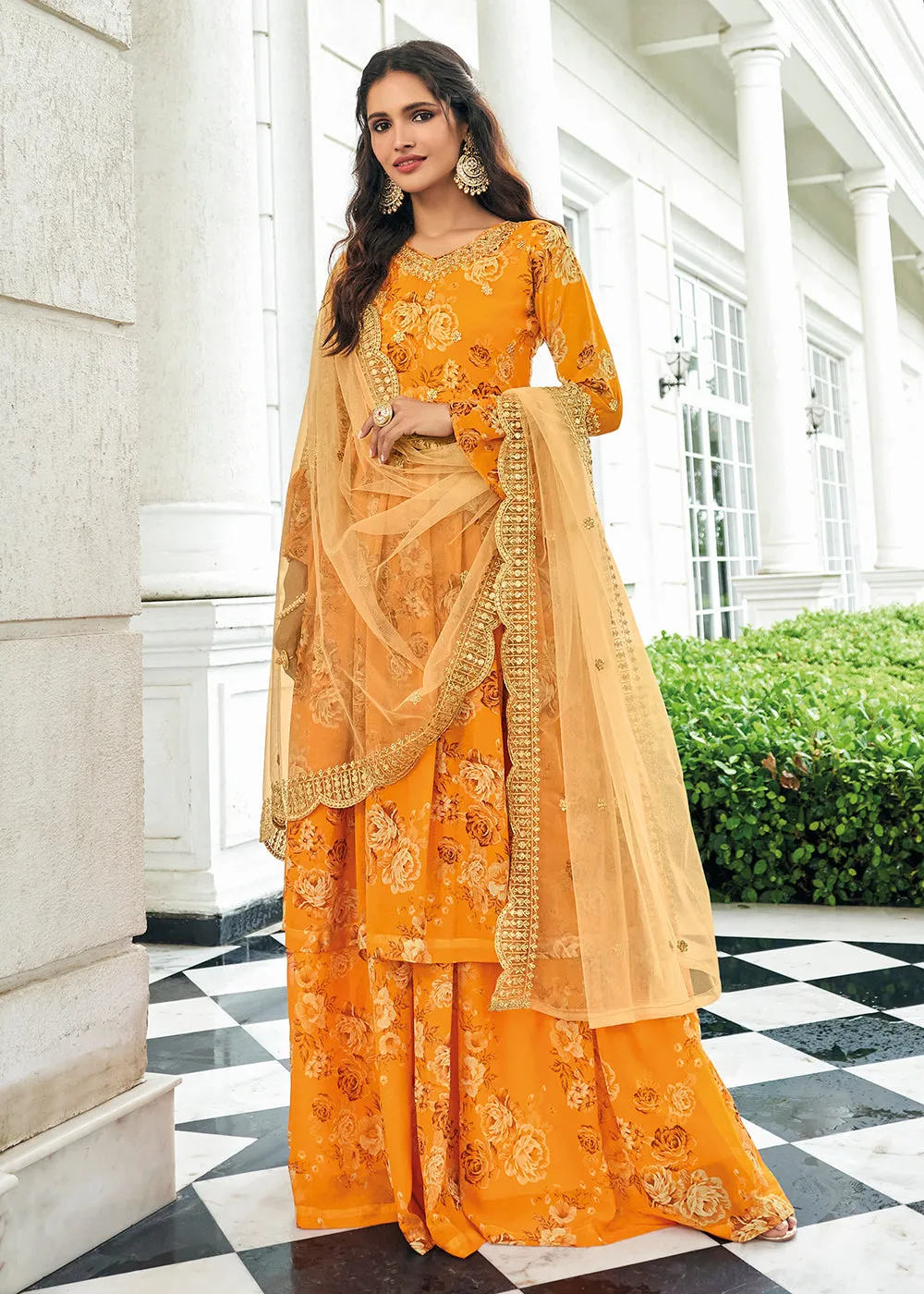 Floral Printed Haldi Yellow Trendy Sharara Style Suit