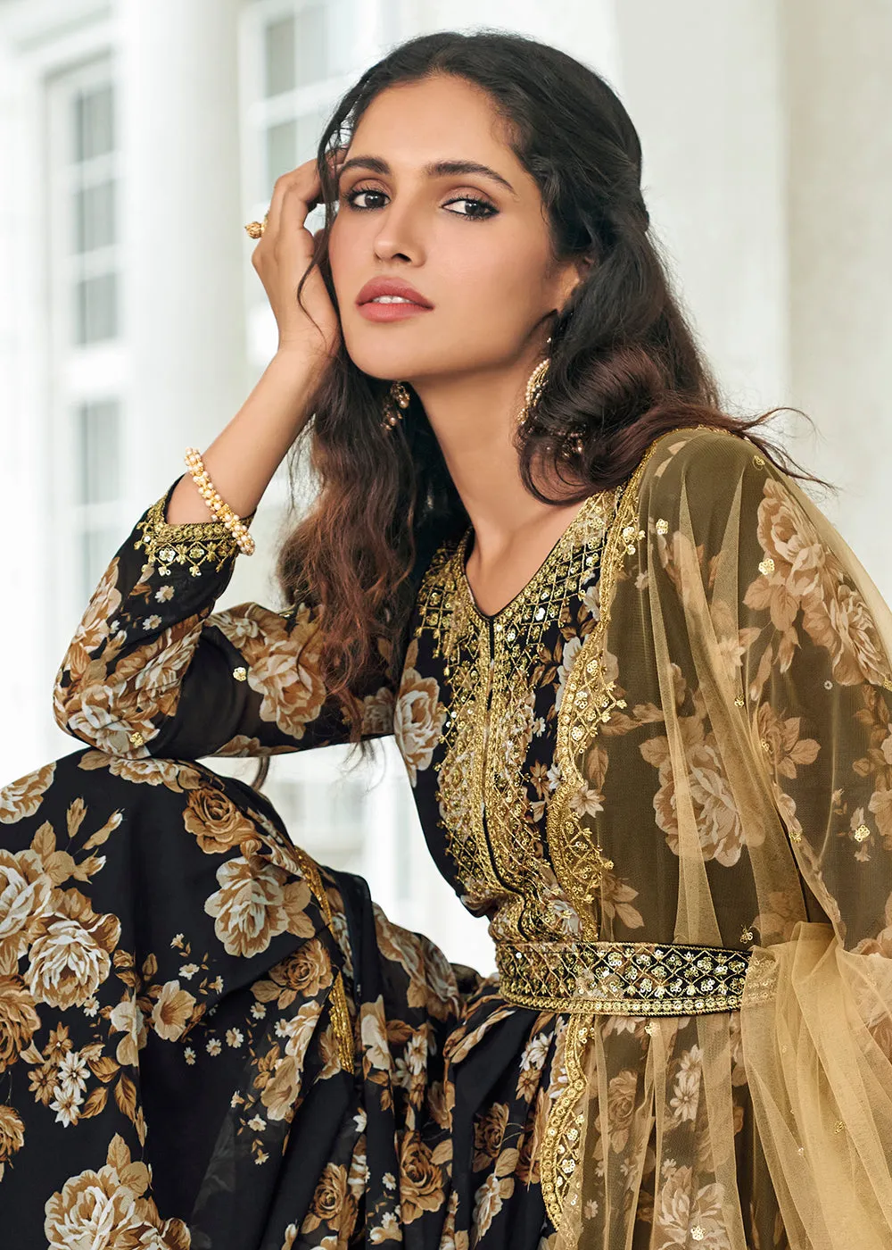 Floral Printed Royal Black Trendy Sharara Style Suit