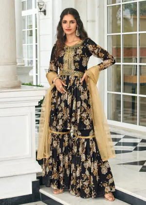 Floral Printed Royal Black Trendy Sharara Style Suit