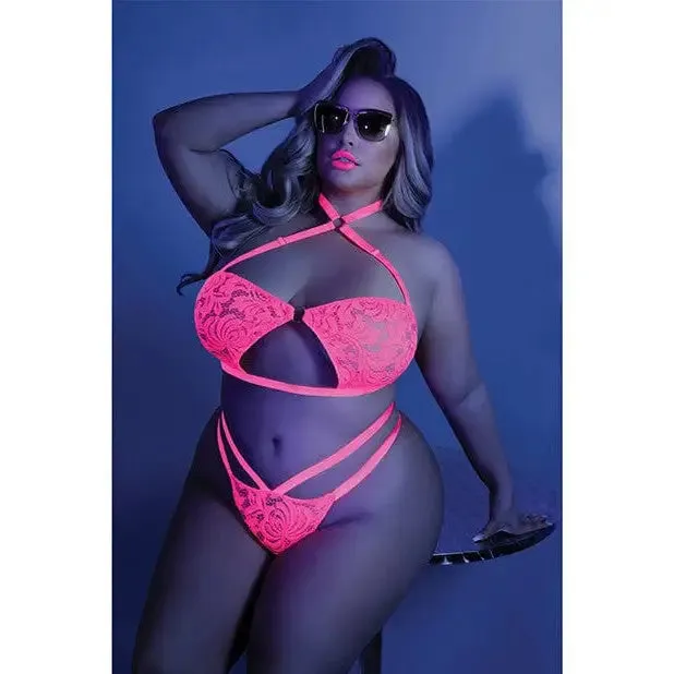 Glow 'Lights Off' Black Light Halter Bandeau & Cage Panty by Fantasy Lingerie