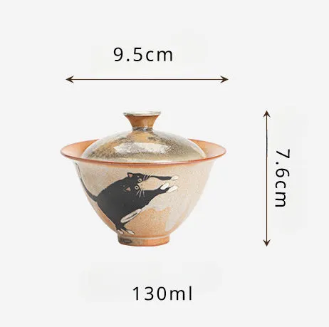 Gohobi Handmade Black Ink Hand-painted Cat  Gaiwan 001