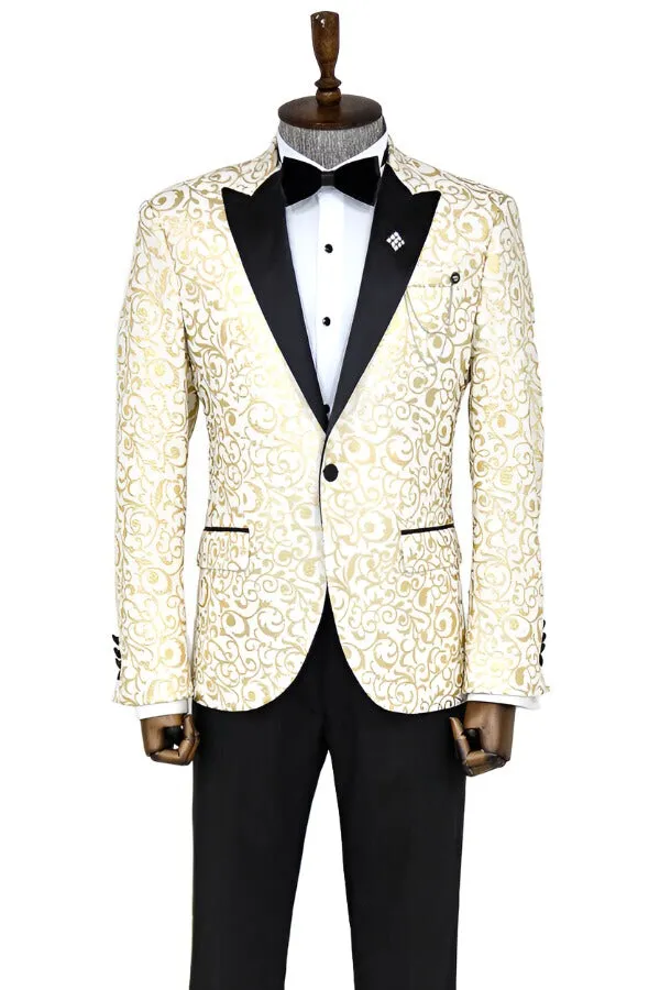 Gold Scroll Patterned Over White Men Wedding Tuxedo Jacket - Wessi