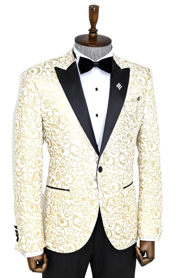 Gold Scroll Patterned Over White Men Wedding Tuxedo Jacket - Wessi