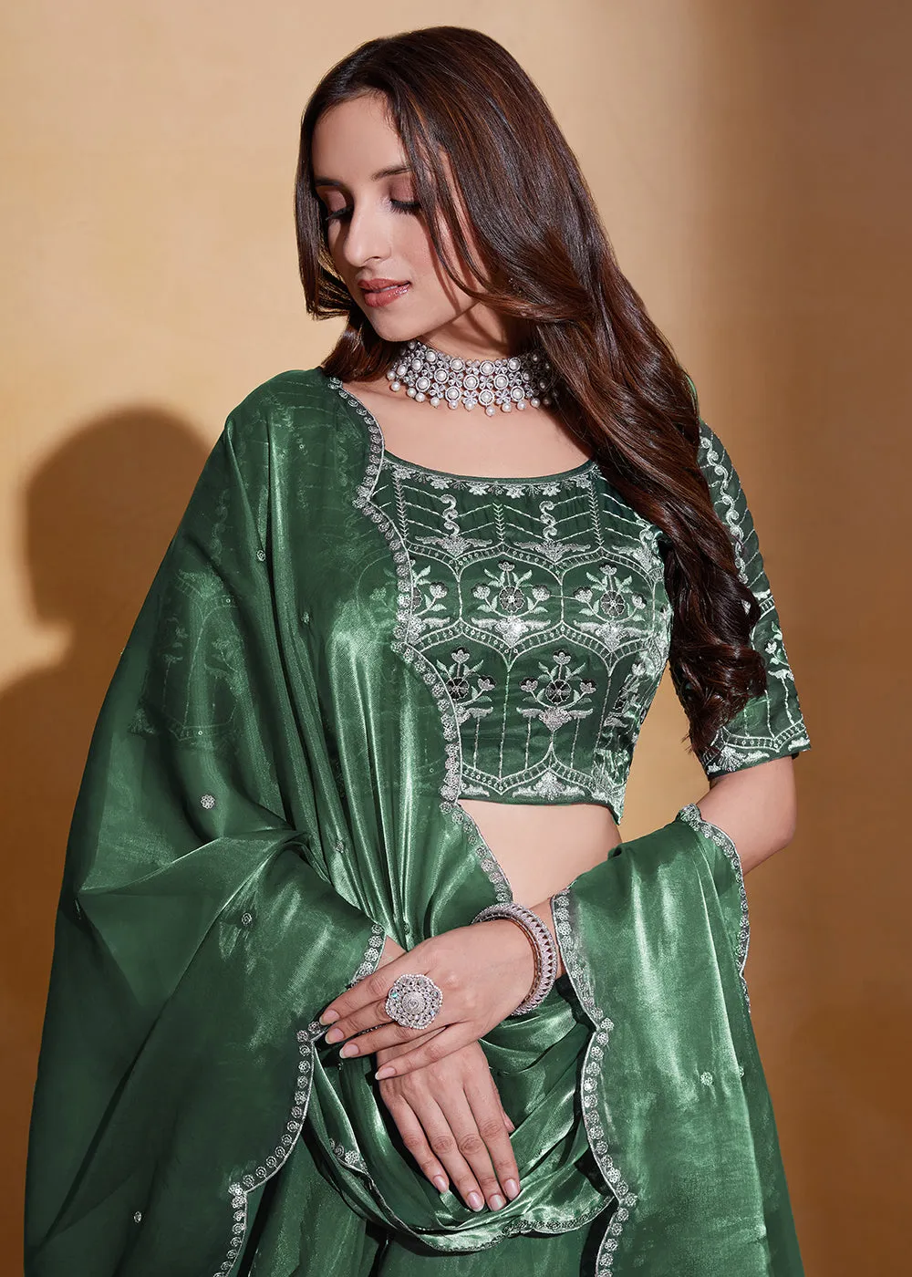 Green Organza Silk A Line Festive Party Lehenga Choli