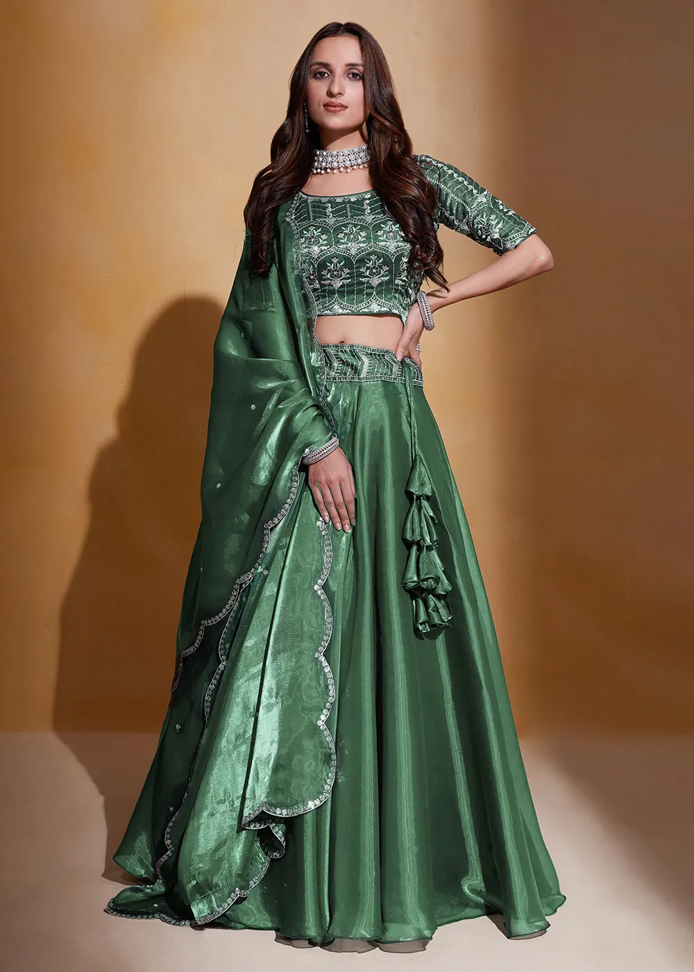 Green Organza Silk A Line Festive Party Lehenga Choli