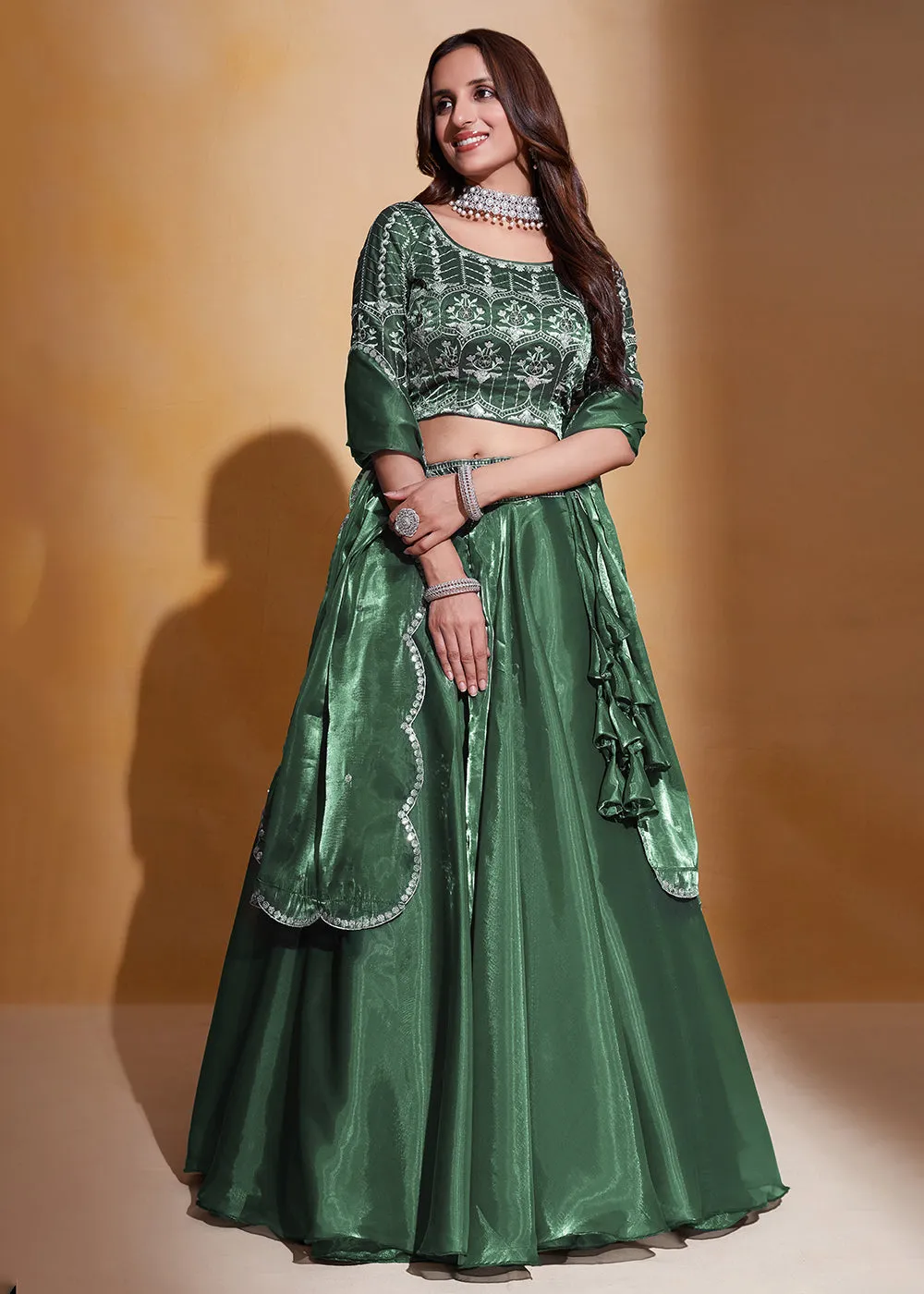 Green Organza Silk A Line Festive Party Lehenga Choli