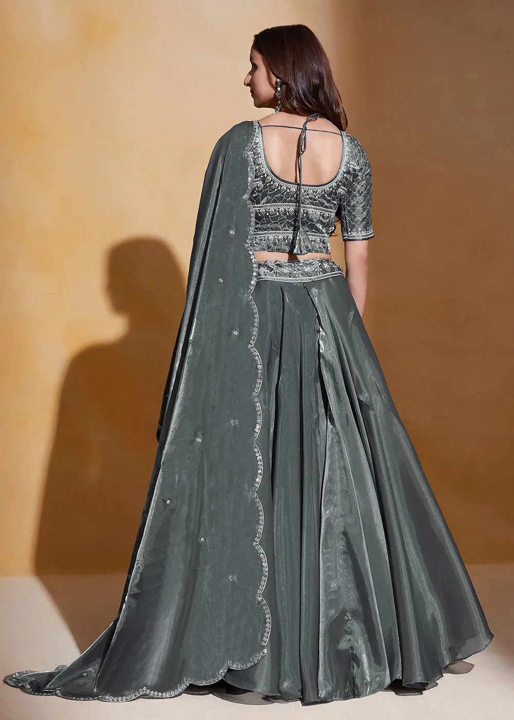 Grey Organza Silk A Line Festive Party Lehenga Choli