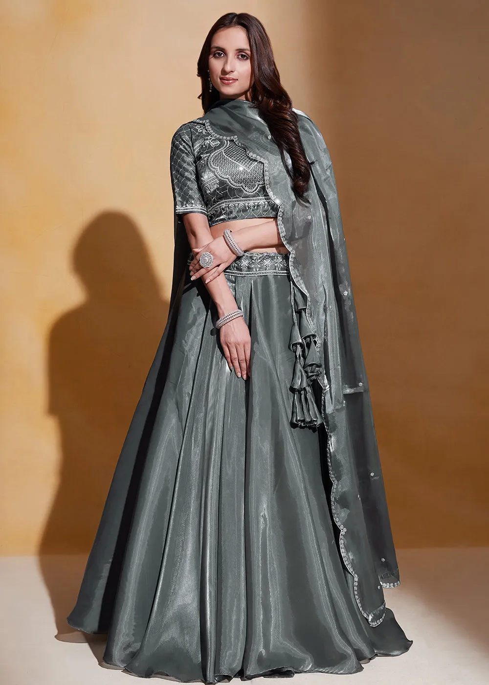 Grey Organza Silk A Line Festive Party Lehenga Choli