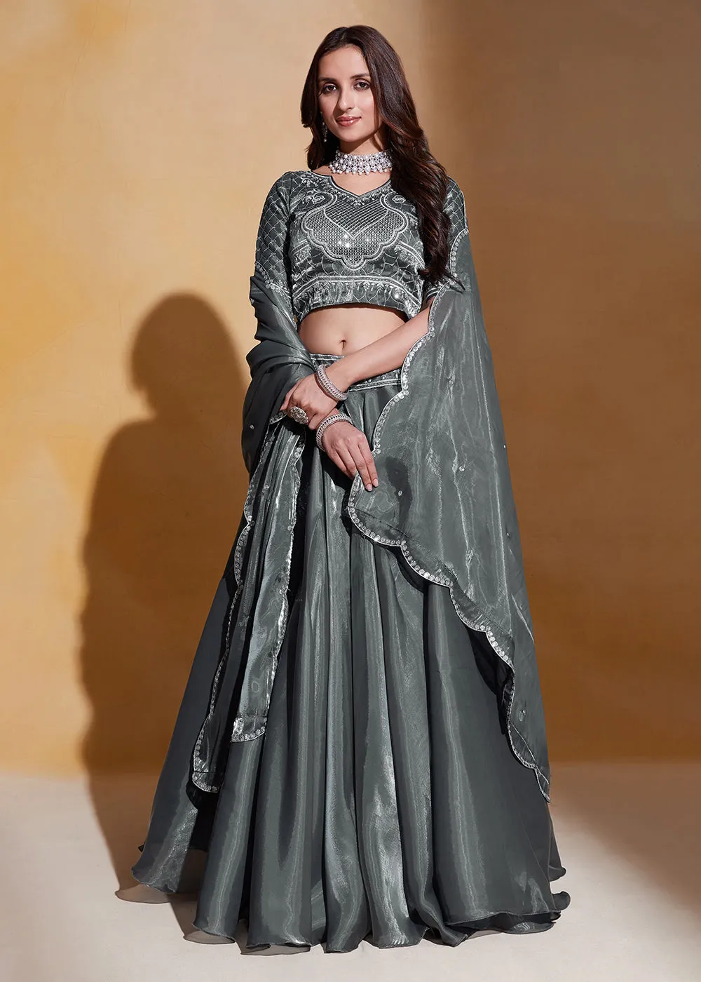 Grey Organza Silk A Line Festive Party Lehenga Choli