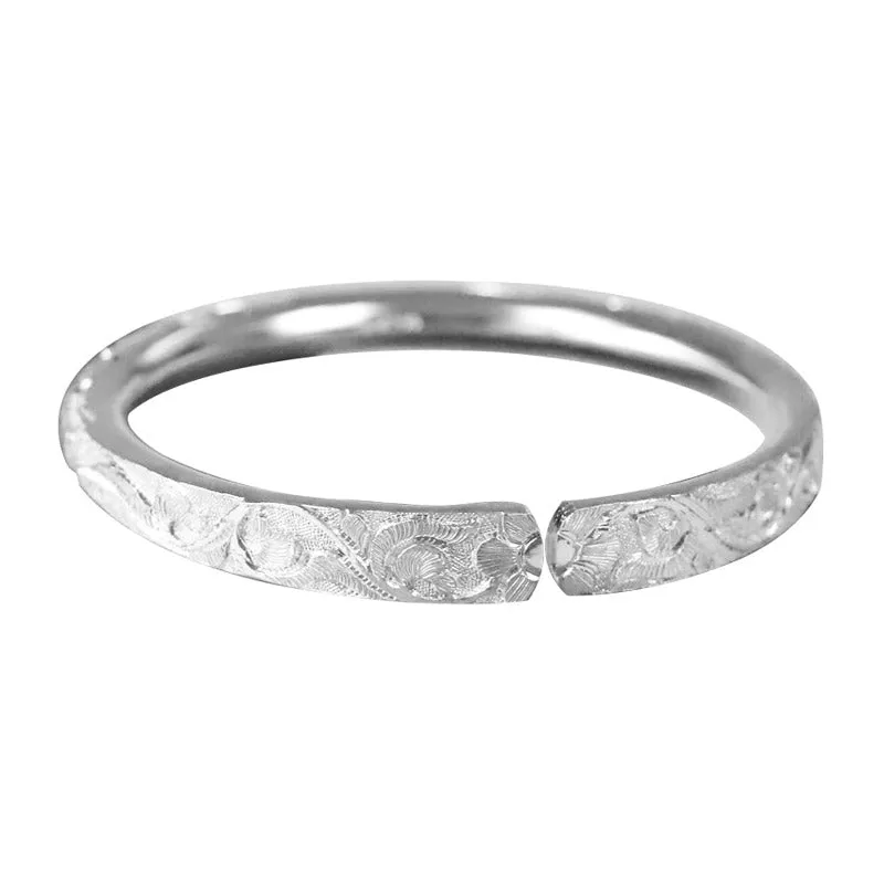 Hand Carved Chinese Style Vintage Vine Pattern Pure Solid Silver Bangle Bracelet