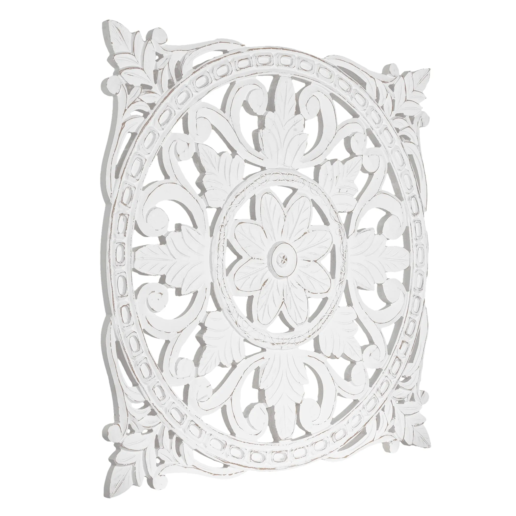 Hand-Carved Square Floral Wood Medallion – White (30”)