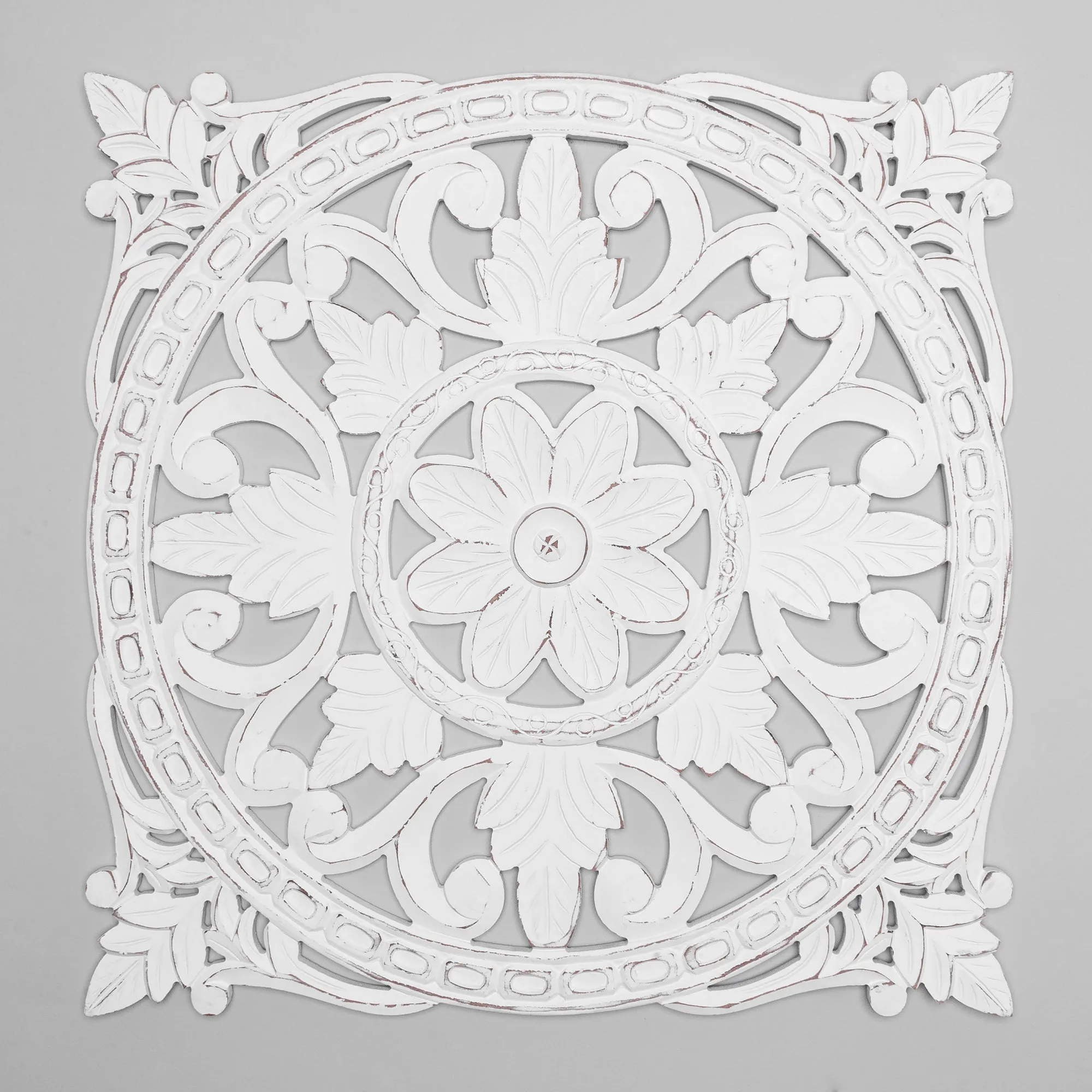 Hand-Carved Square Floral Wood Medallion – White (30”)