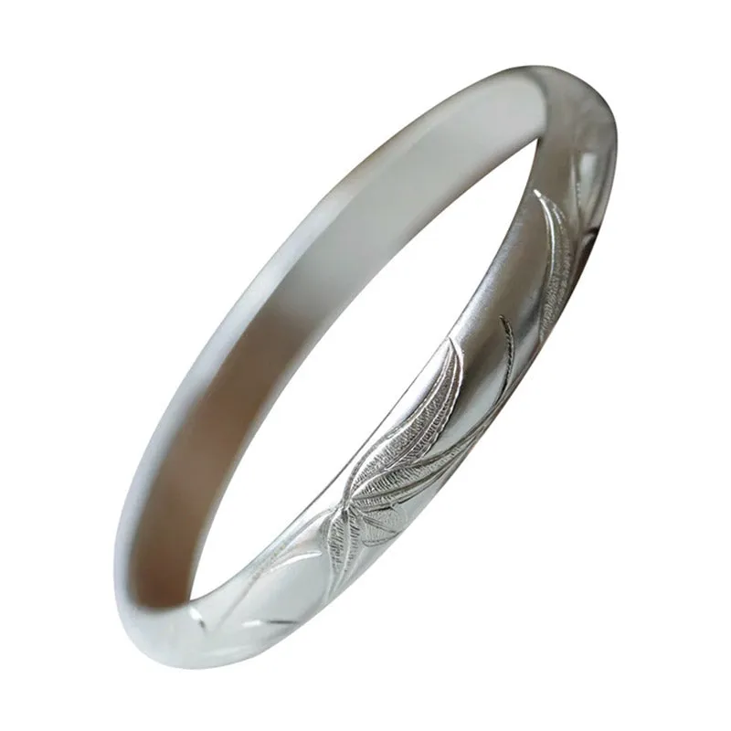 Hand Carved Vintage Chinese Bamboo Leaf Pattern Pure Solid Silver Bangle Bracelet Jewelry Gift