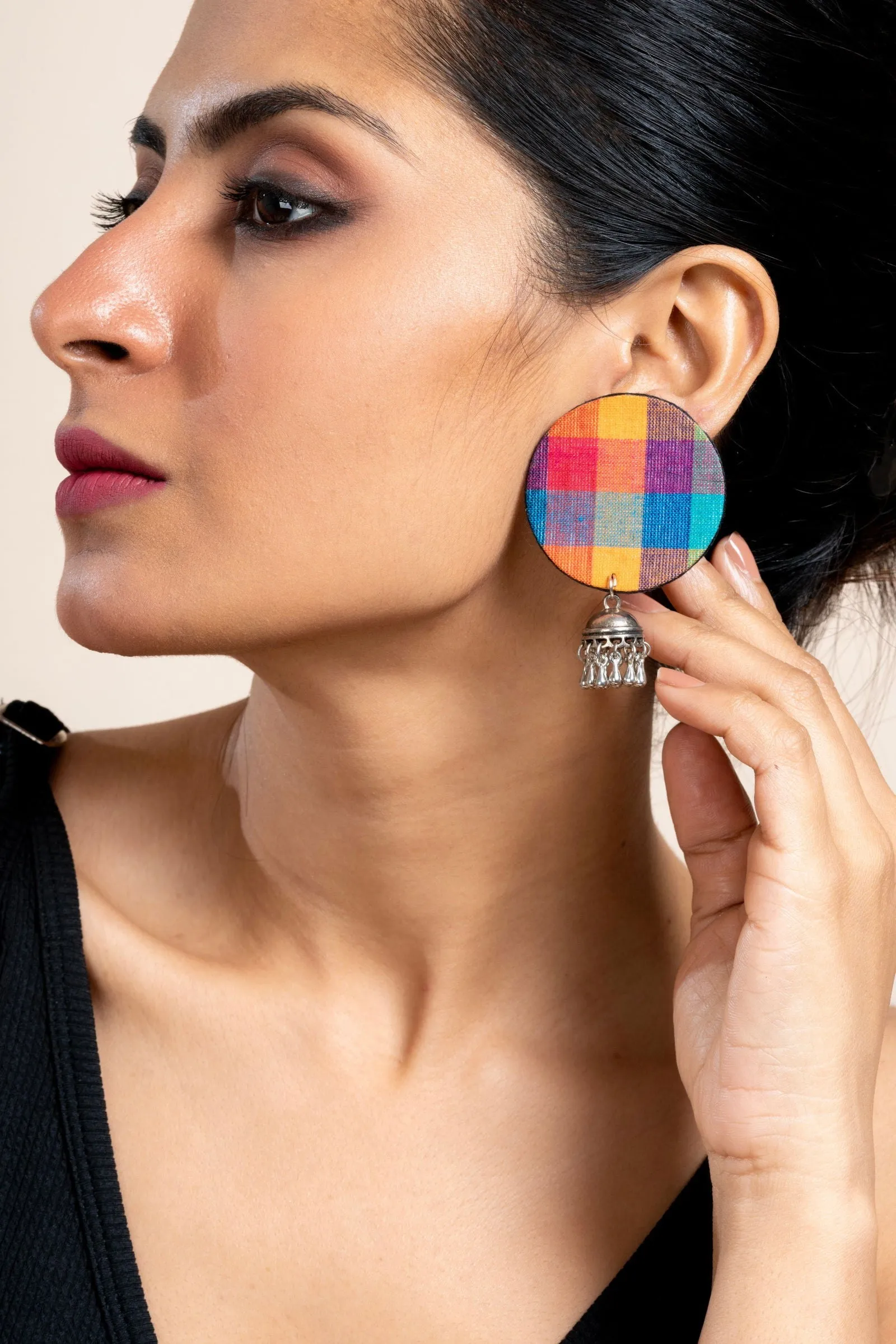 Handmade  Multicolor Fabric Jhumka Earrings in German Silver - Unique, Elegant, Non-Allergic Design