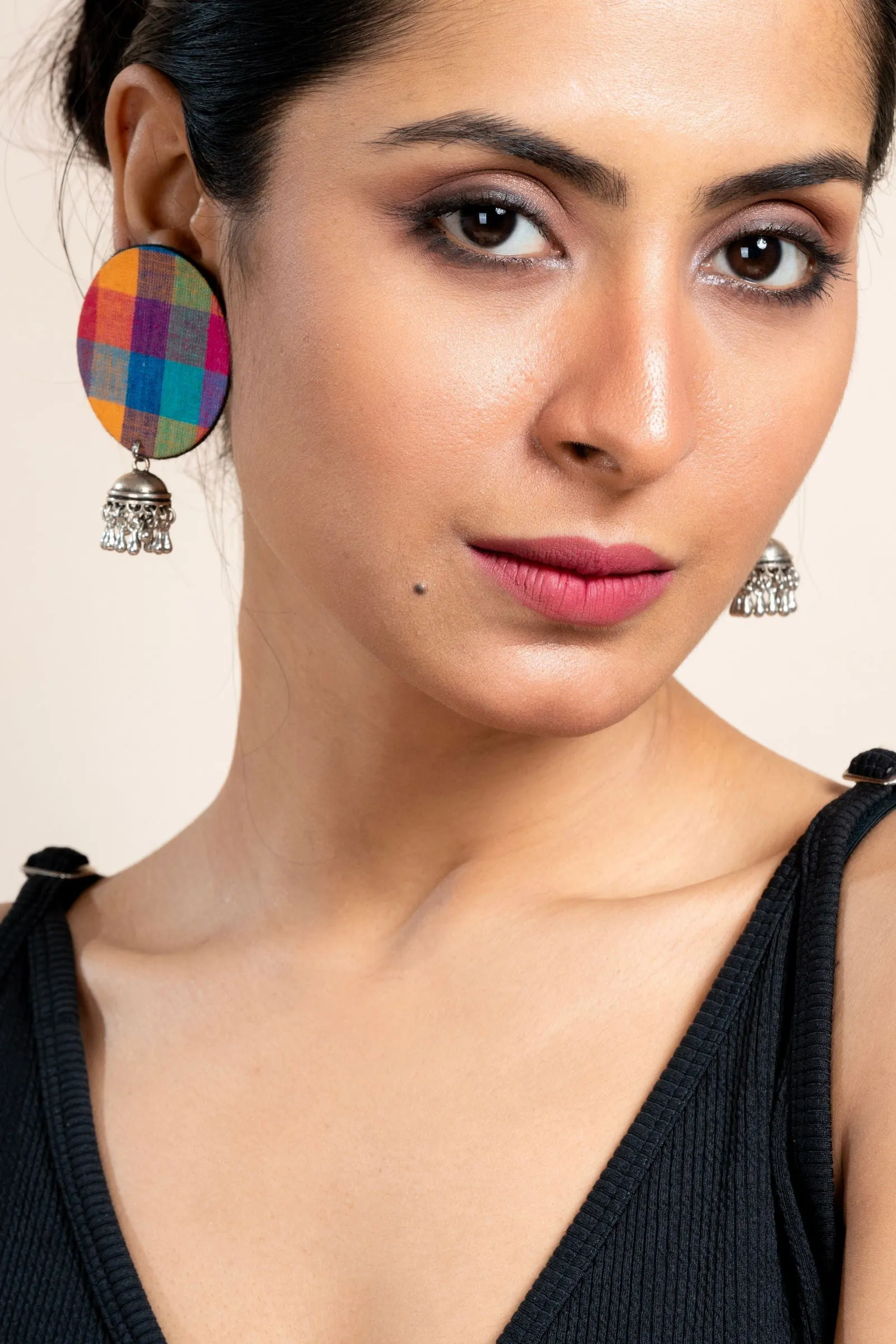 Handmade  Multicolor Fabric Jhumka Earrings in German Silver - Unique, Elegant, Non-Allergic Design