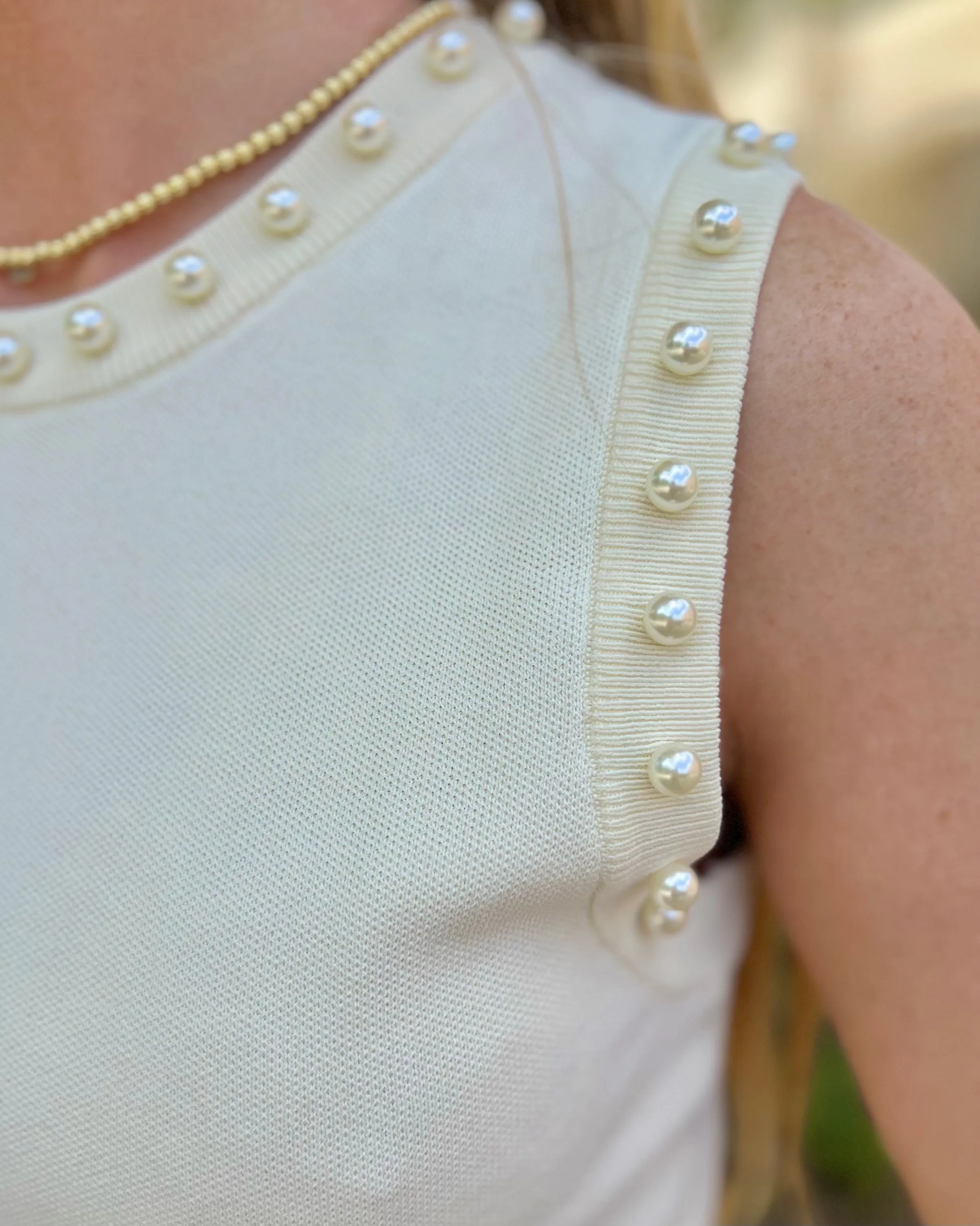 Have A Little Fun Cream Round Neck Sleeveless Knit Pearl Detail Crop Top