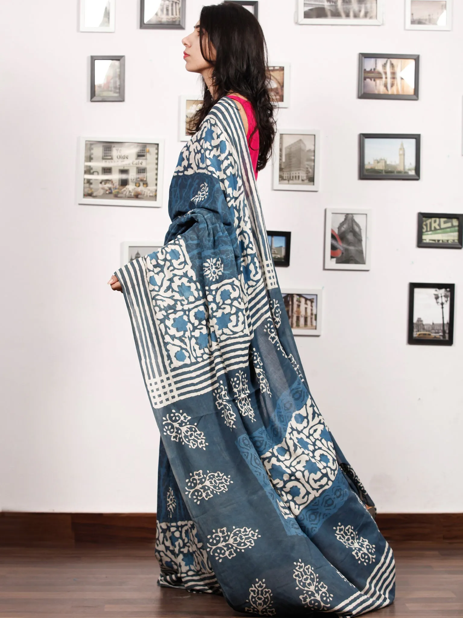 Indigo White Hand Block Printed Cotton Mul Saree - S031703484