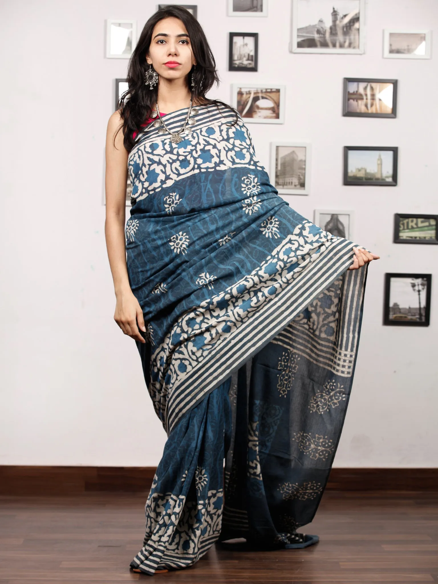 Indigo White Hand Block Printed Cotton Mul Saree - S031703484